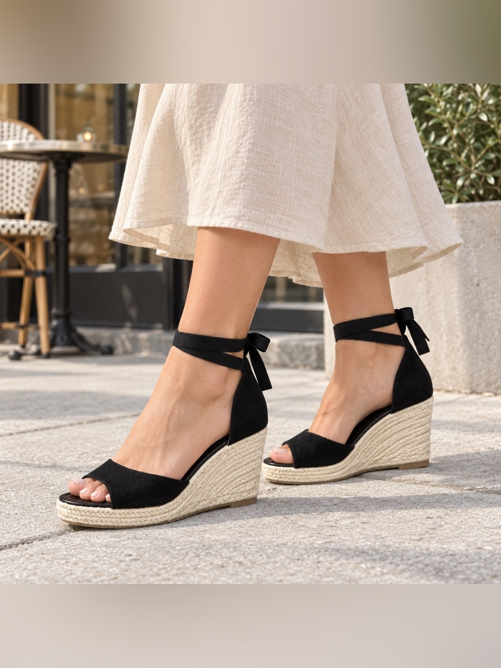 Black Ankle-Tie Espadrille Wedge Sandals Size 43